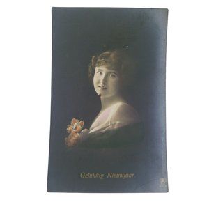 RPPC Pretty Dutch Lady Portrait Vintage Gelukkig Nieuwjaar Flowers 1910's?